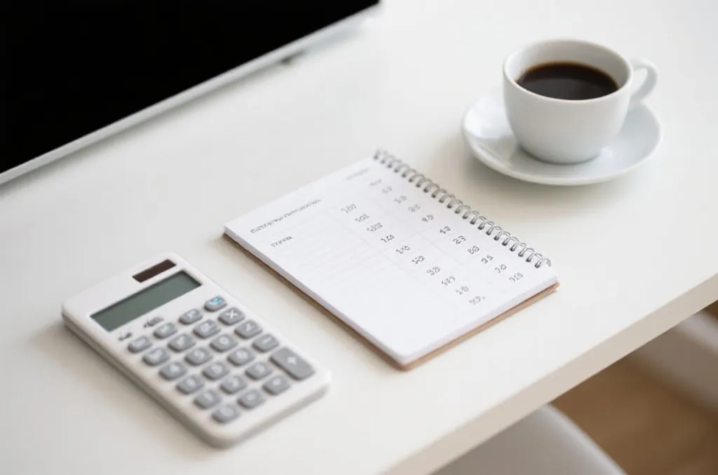 A clean desk with a calculator, notebook showing simple mathematical tables, and a coffee cup, representing logical financial planning